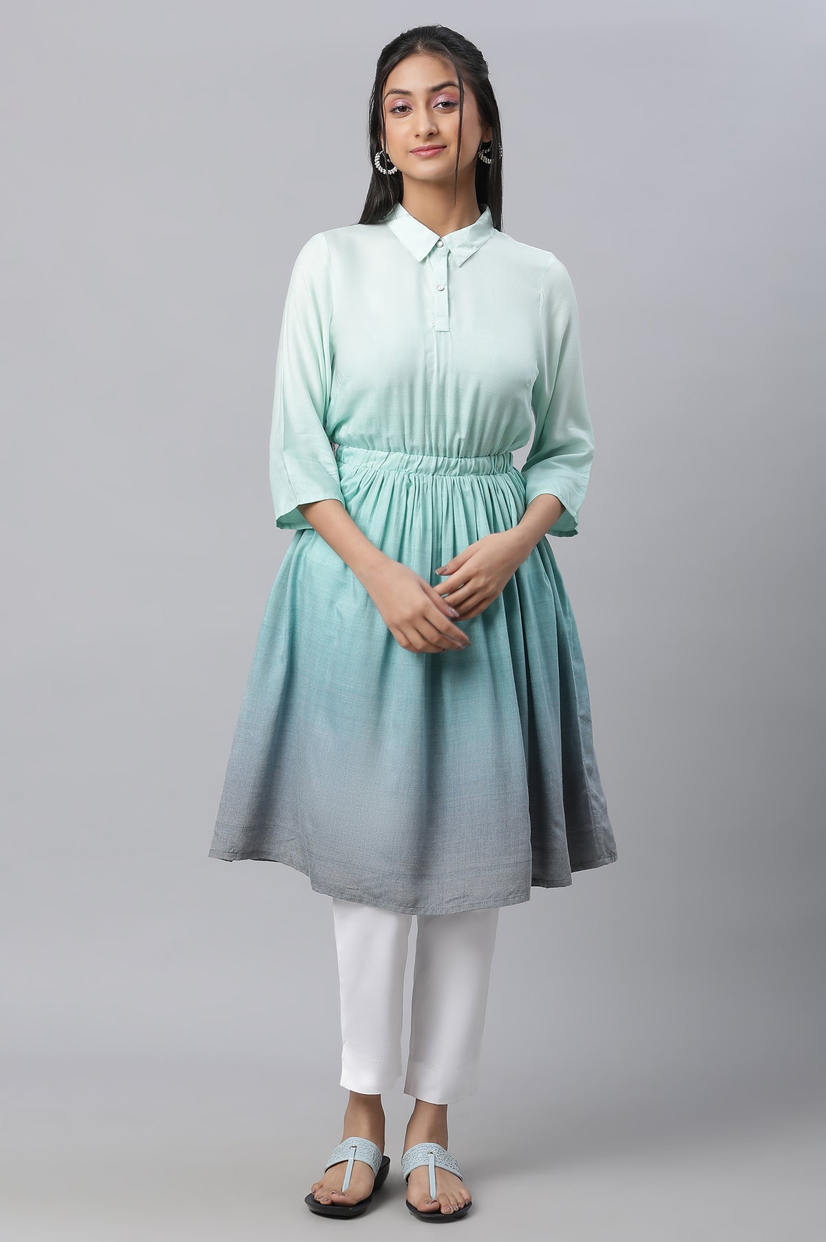 Lichen Blue A-Line Gathered kurta - S