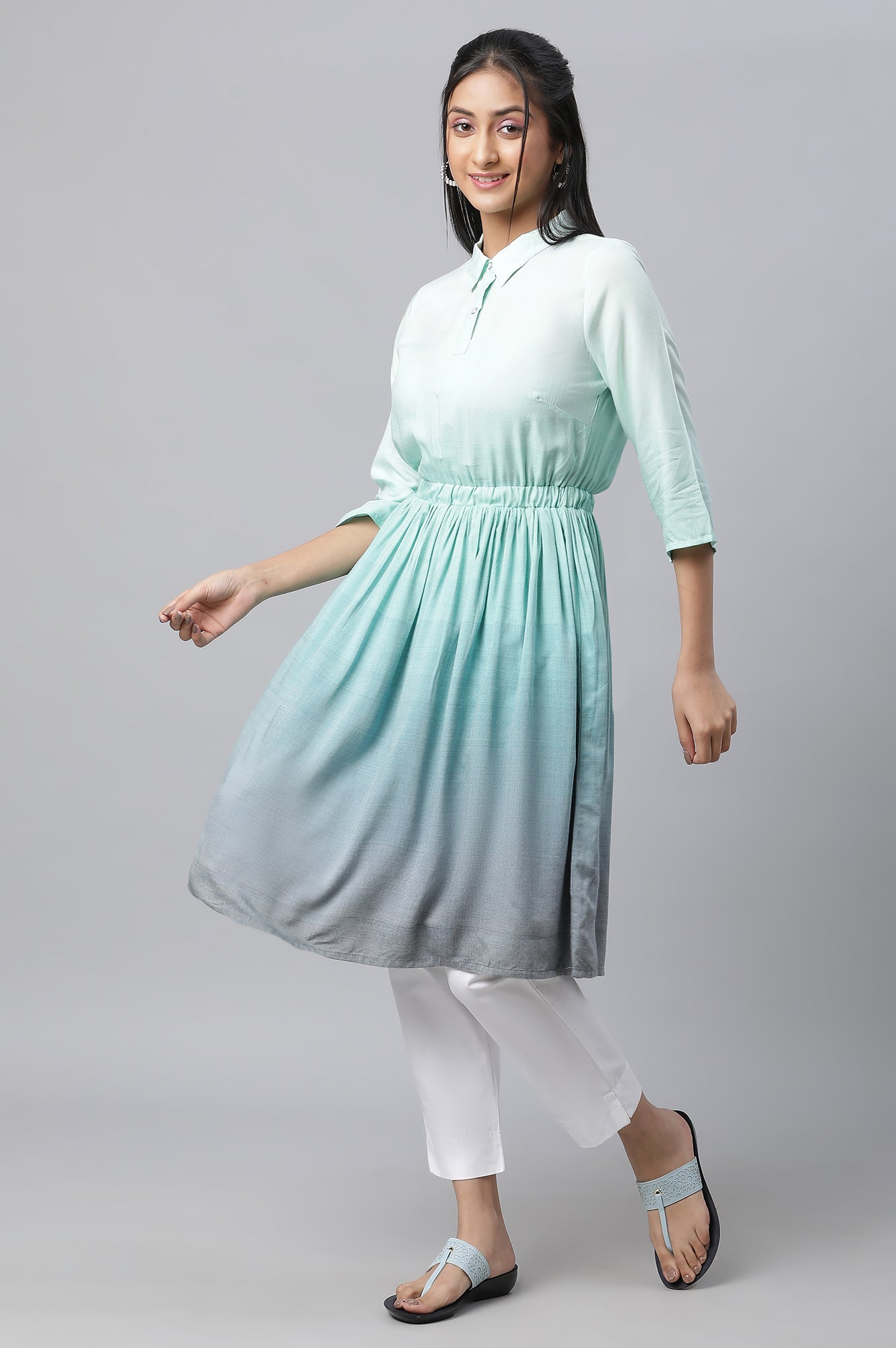 Lichen Blue A-Line Gathered kurta