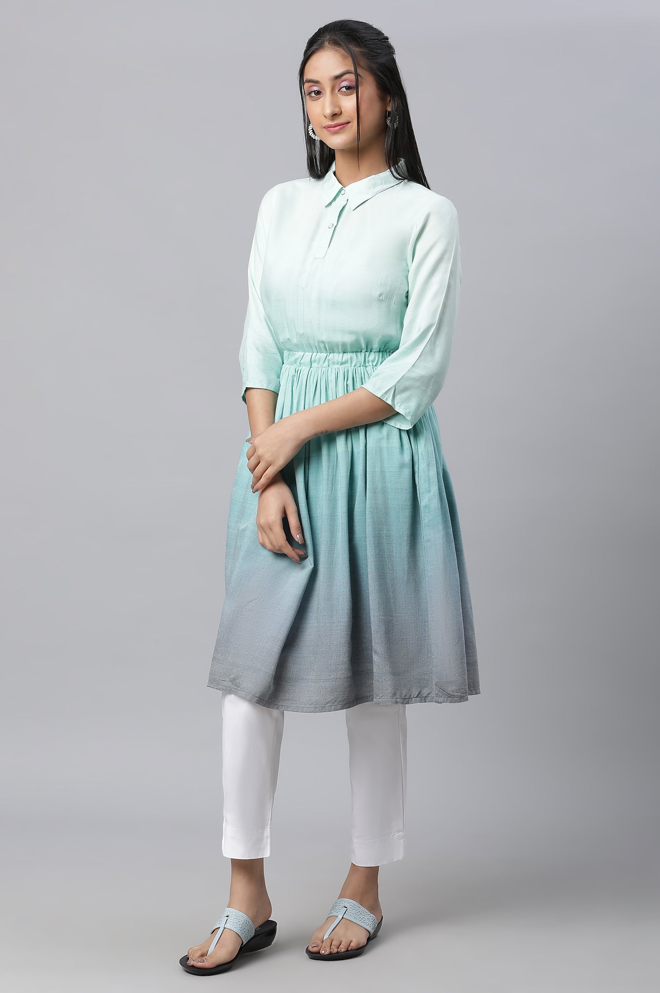 Lichen Blue A-Line Gathered kurta