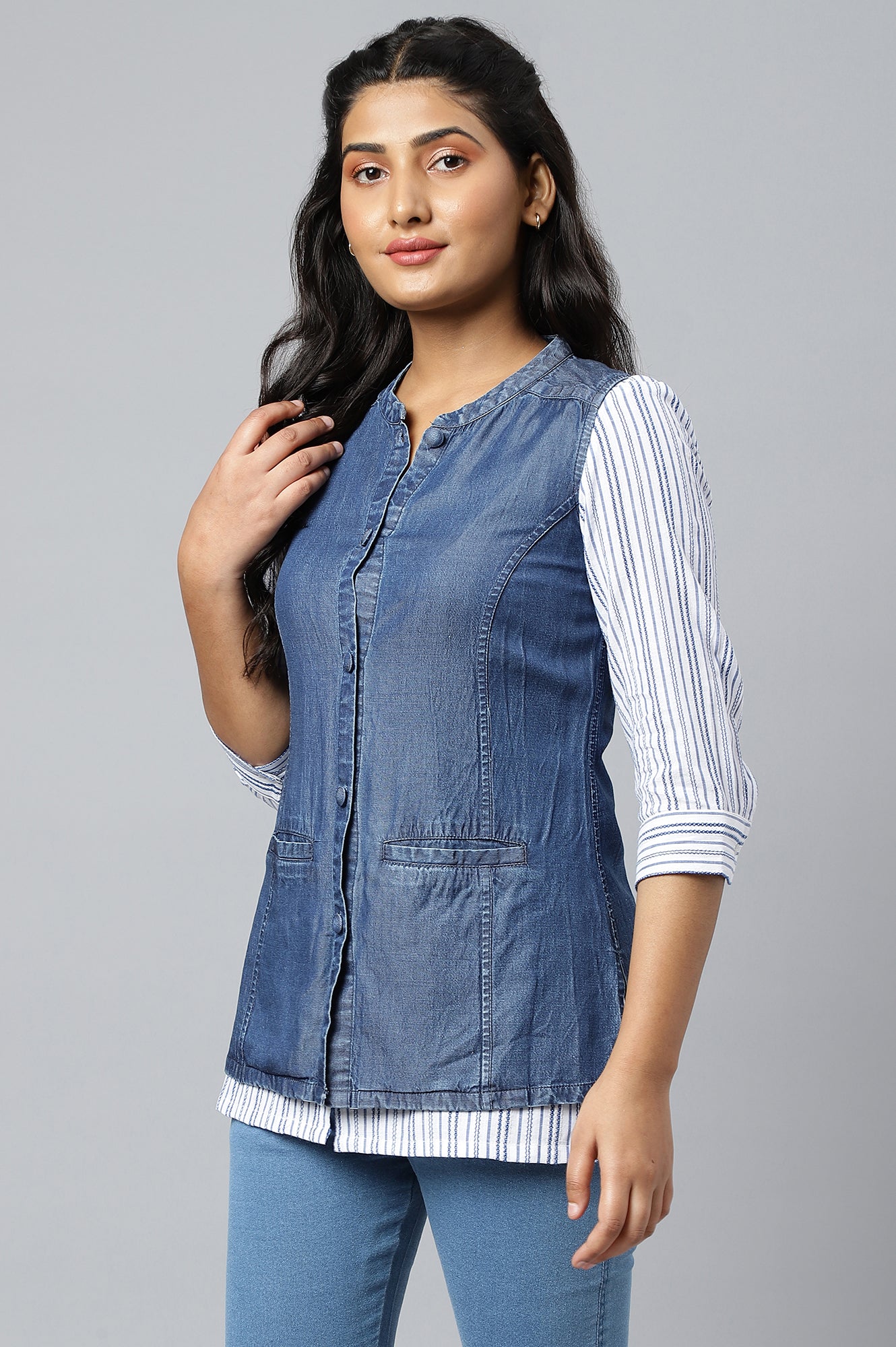 Denim Blue Thread Embroidered Sleeveless Jacket