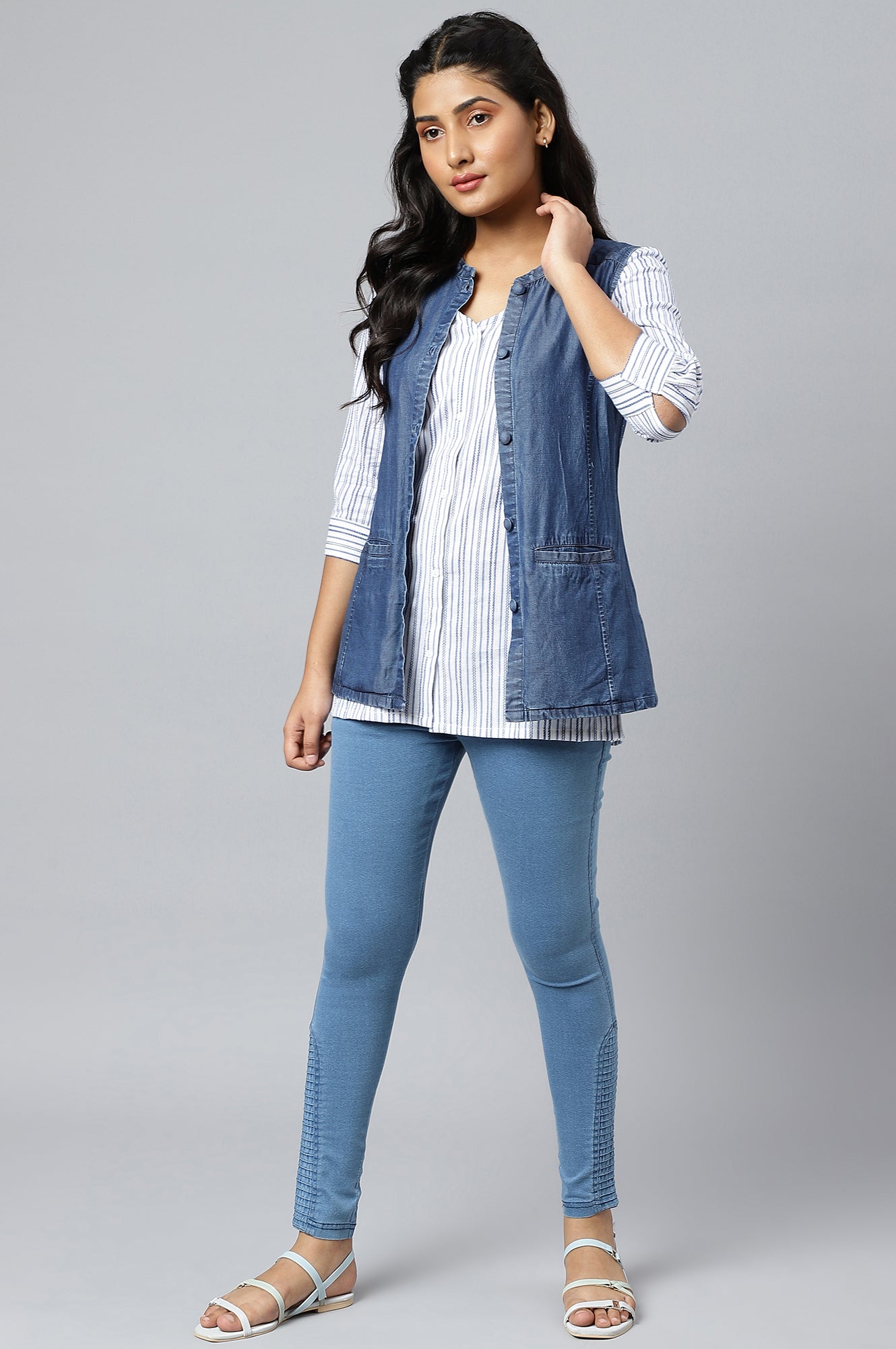 Denim Blue Thread Embroidered Sleeveless Jacket