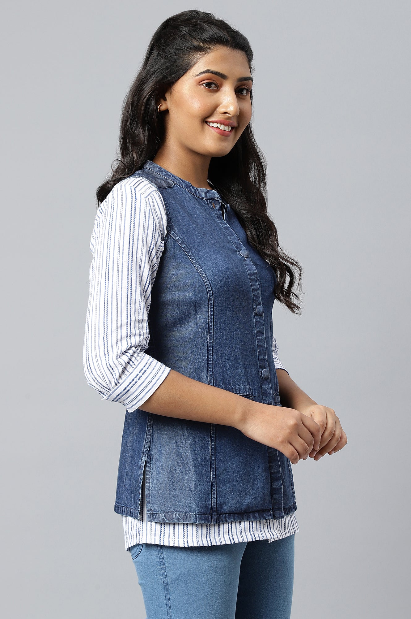 Denim Blue Thread Embroidered Sleeveless Jacket