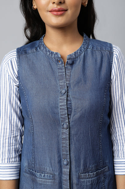 Denim Blue Thread Embroidered Sleeveless Jacket