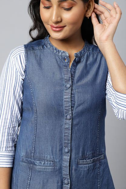 Denim Blue Thread Embroidered Sleeveless Jacket