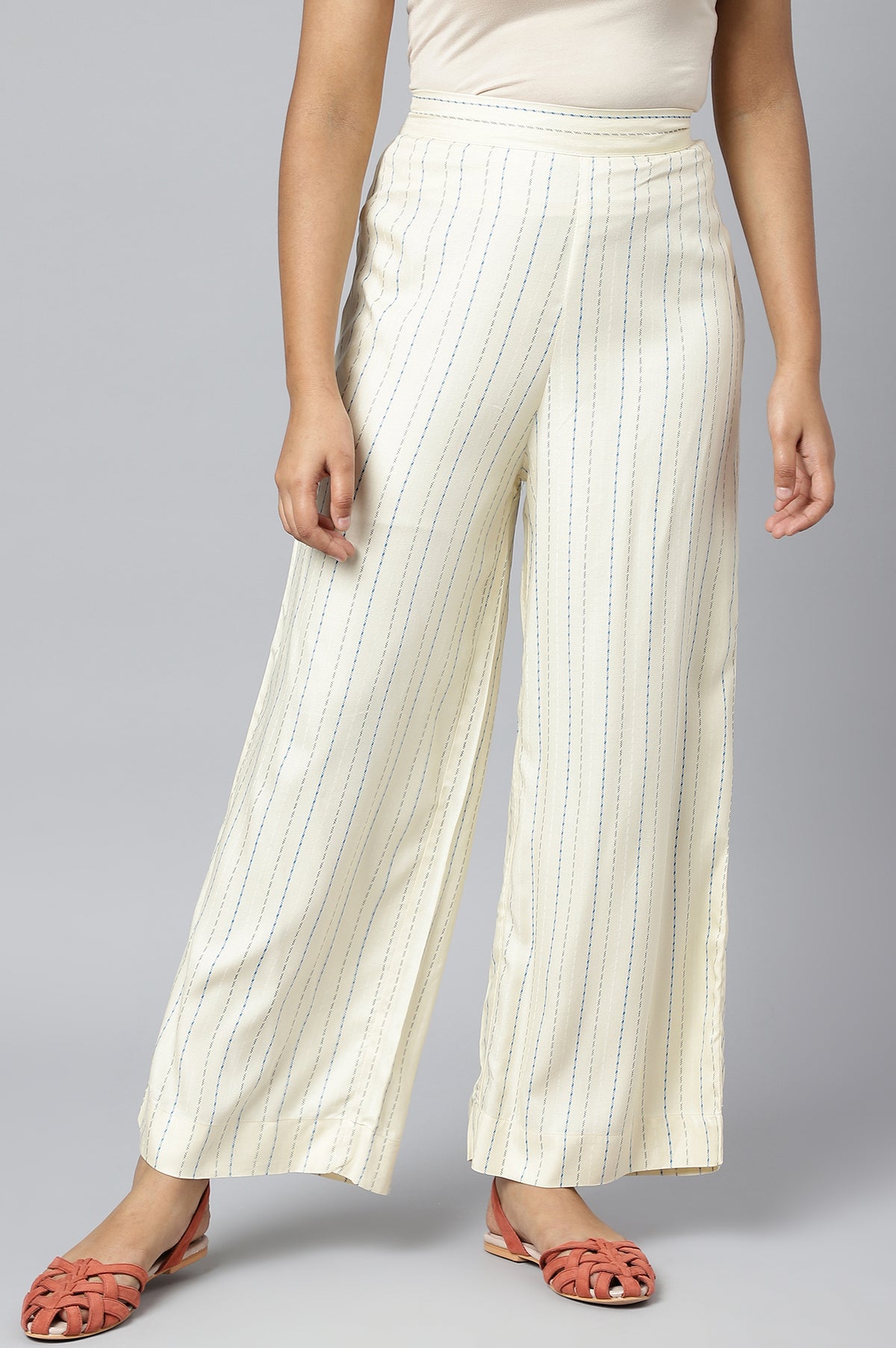 White Printed Straight Palazzo - M