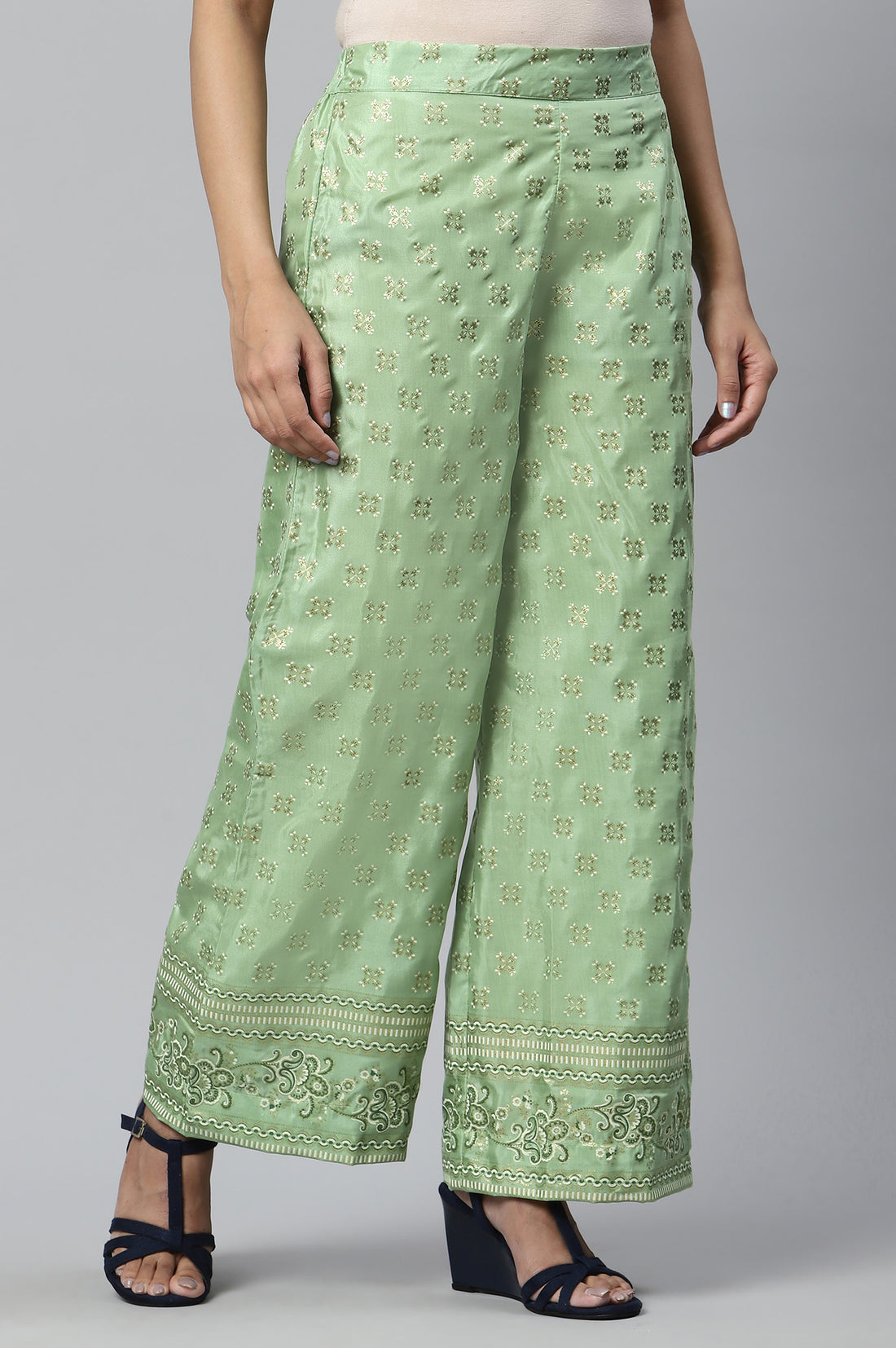 Green Foil Printed Sequins Straight Kurta and Palazzo Set