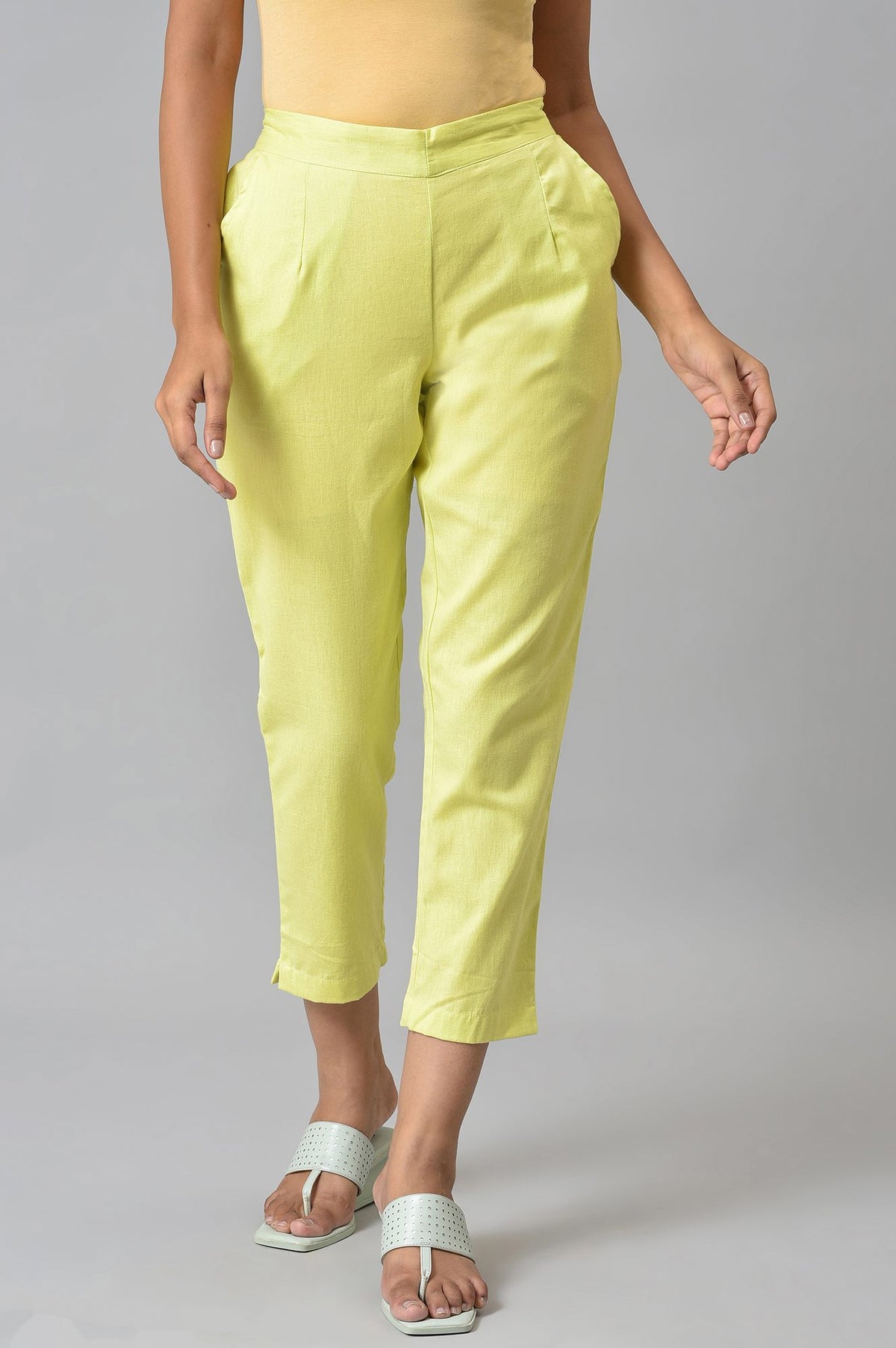 Lemon Yellow Cotton Flax Women'S Trousers - S