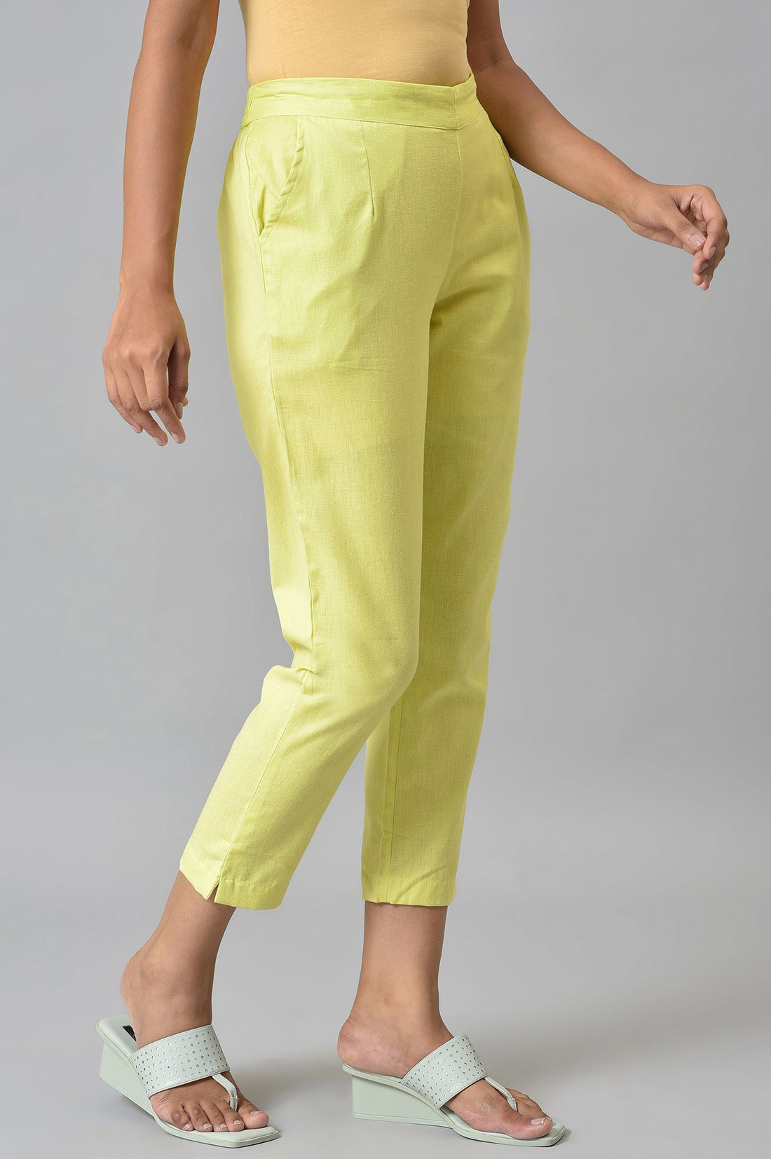 Lemon Yellow Cotton Flax Women Trousers