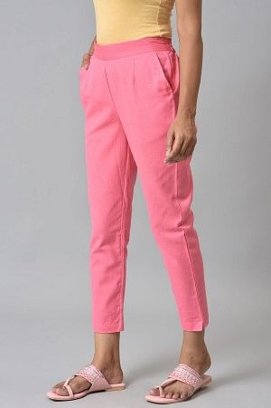 Pink Cotton Flax Women Trousers