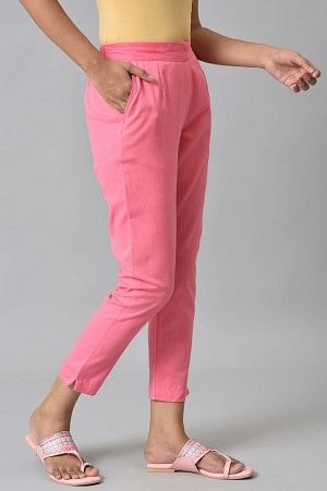 Pink Cotton Flax Women Trousers