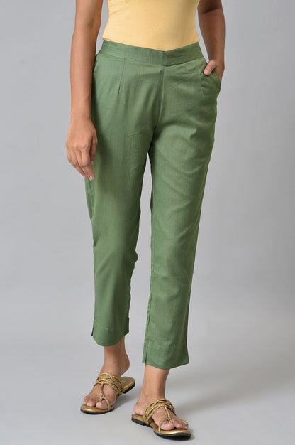 Green Cotton Flax Women Trousers