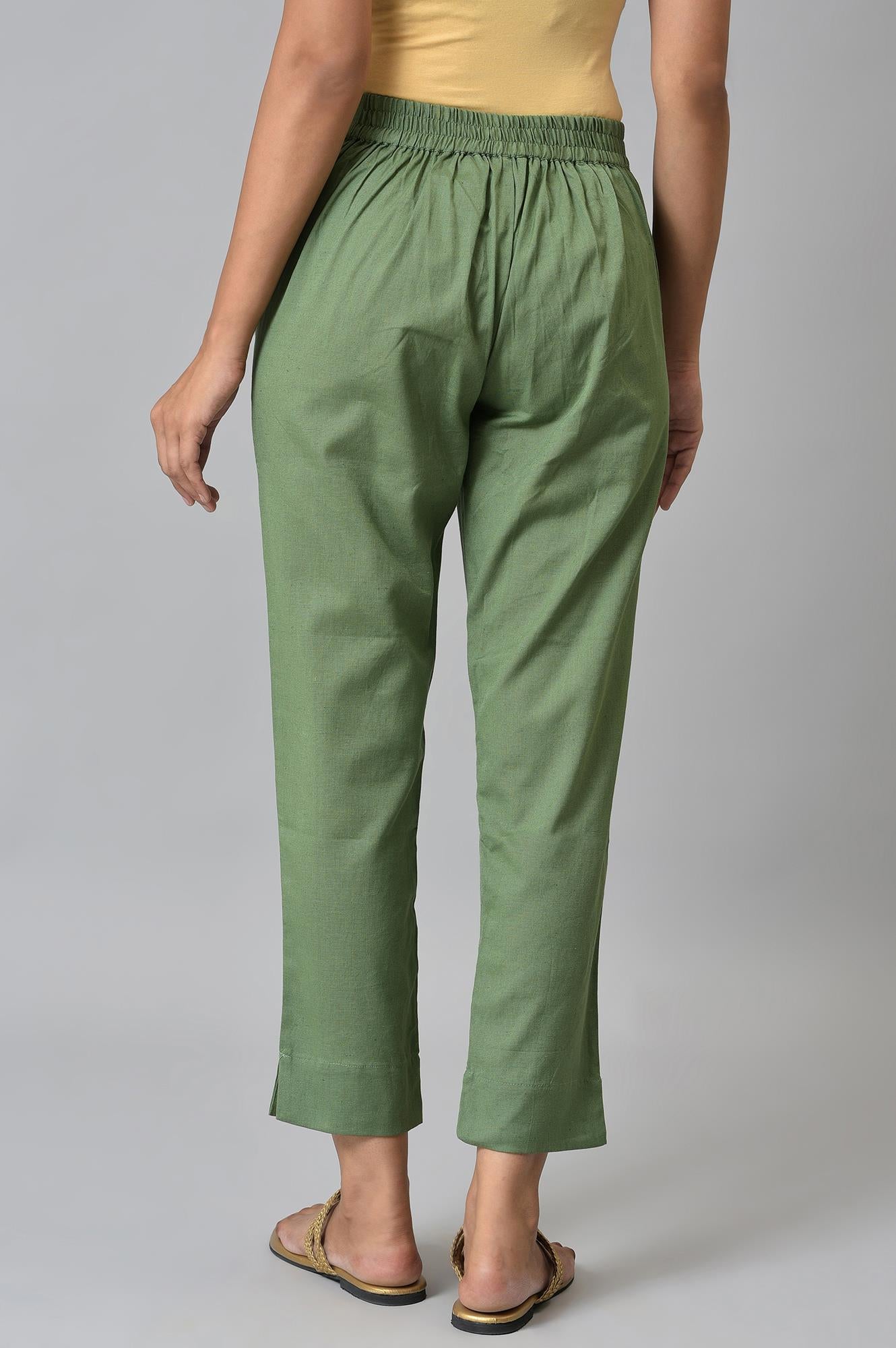 Green Cotton Flax Women Trousers