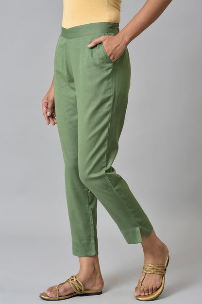 Green Cotton Flax Women Trousers