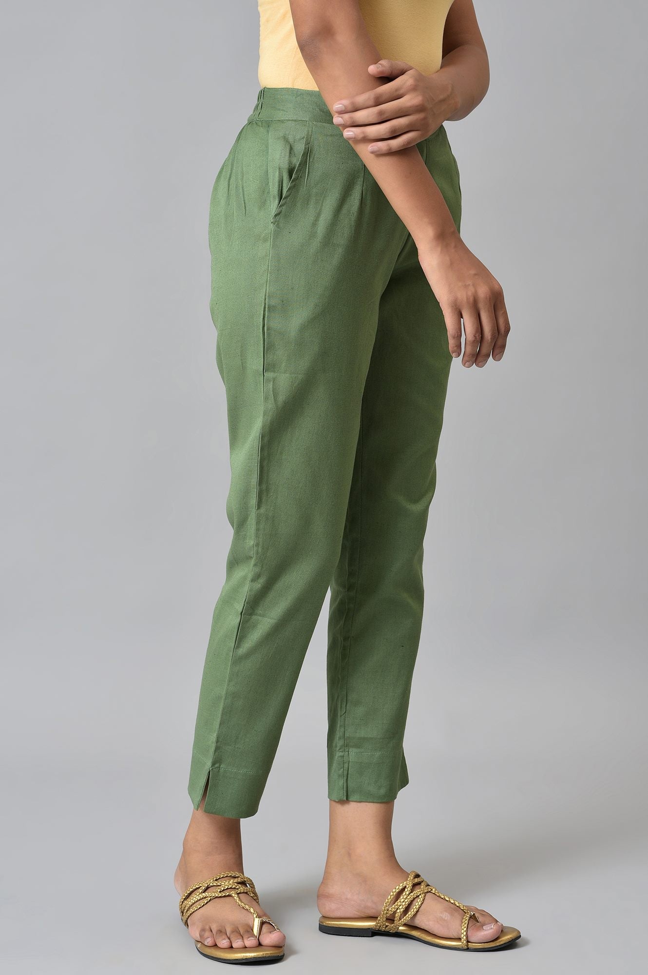 Green Cotton Flax Women Trousers