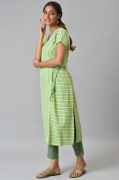 Green Cotton Flax Women Trousers