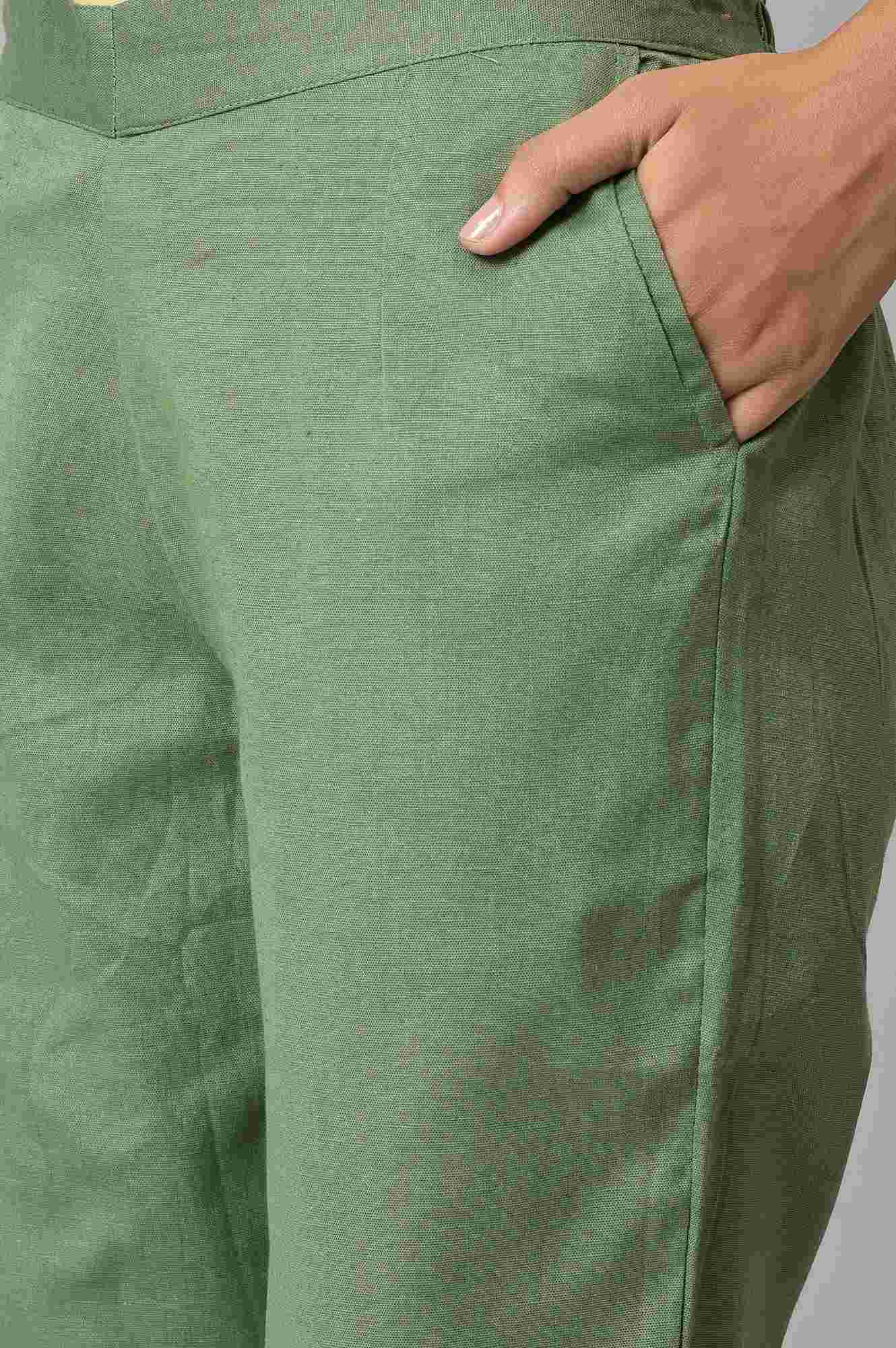 Green Cotton Flax Women Trousers