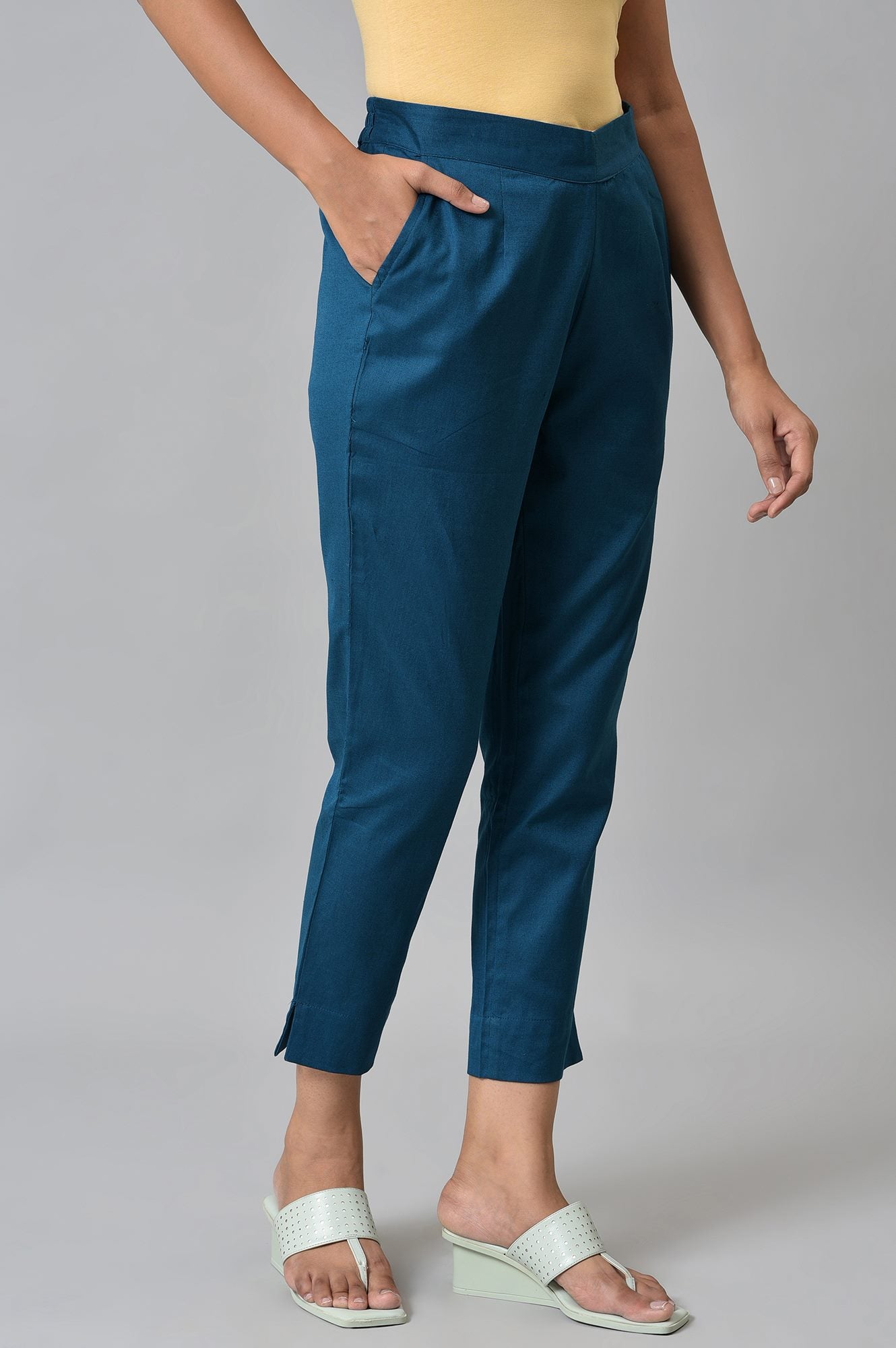 Green Yellow Cotton Flax Women Trousers