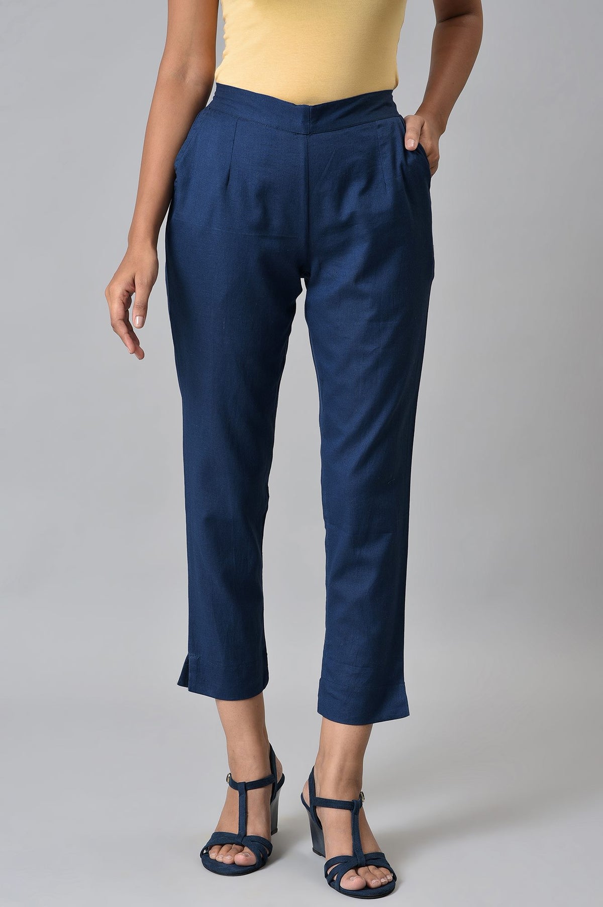 Dark Blue Cotton Flax Women Trousers - S