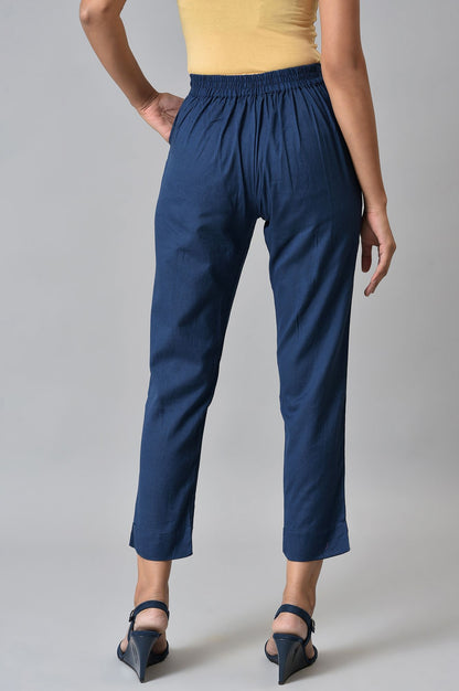 Dark Blue Cotton Flax Women Trousers