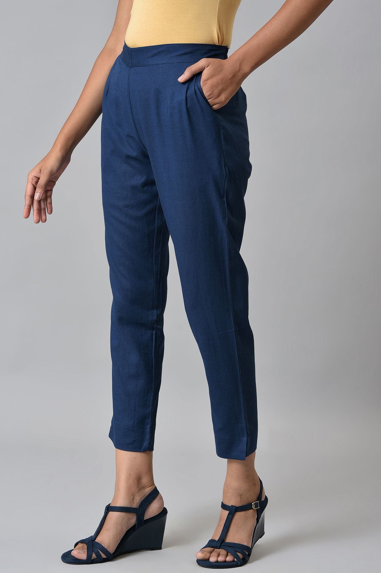 Dark Blue Cotton Flax Women Trousers