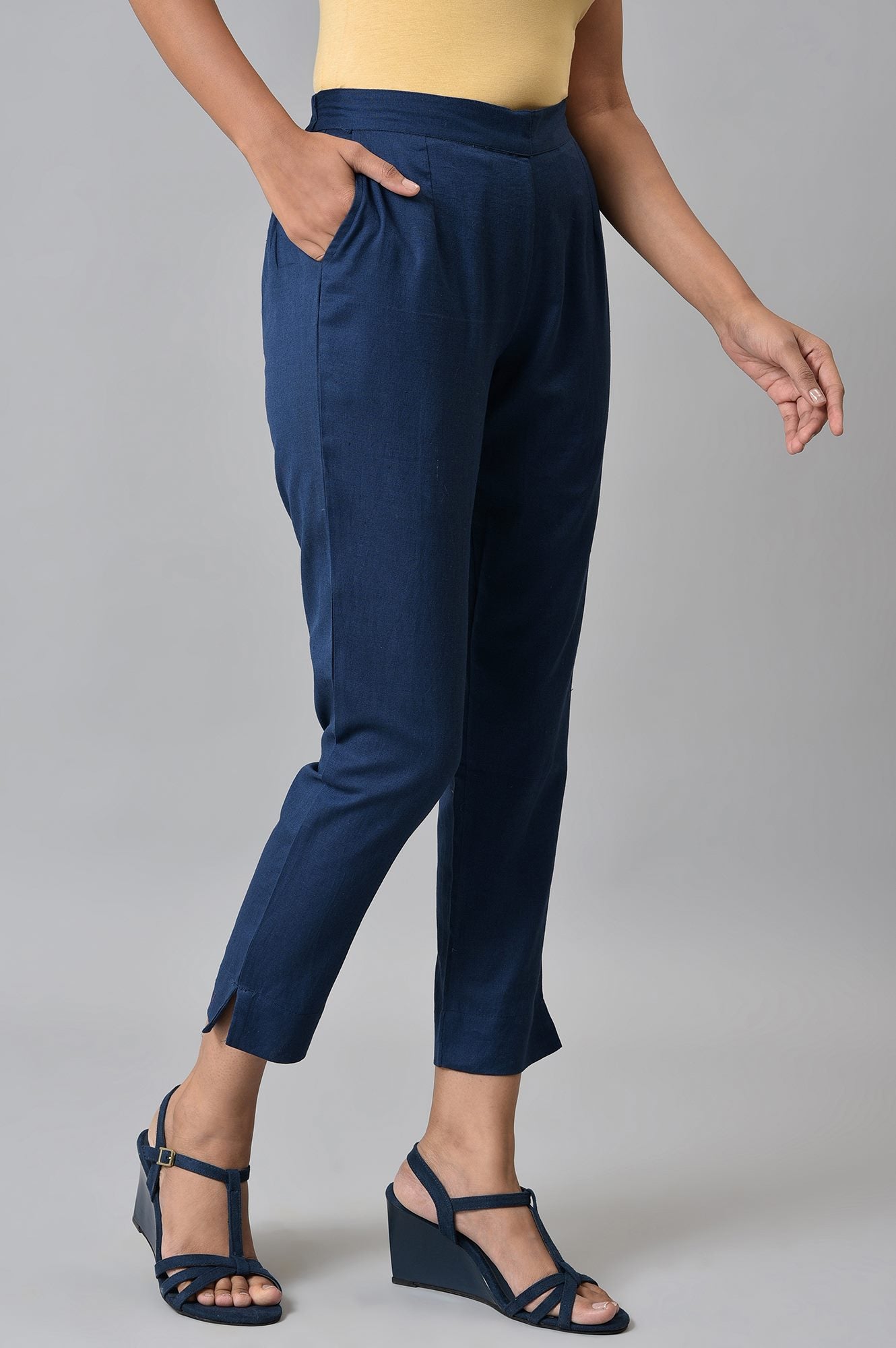 Dark Blue Cotton Flax Women Trousers