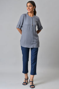 Dark Blue Cotton Flax Women Trousers