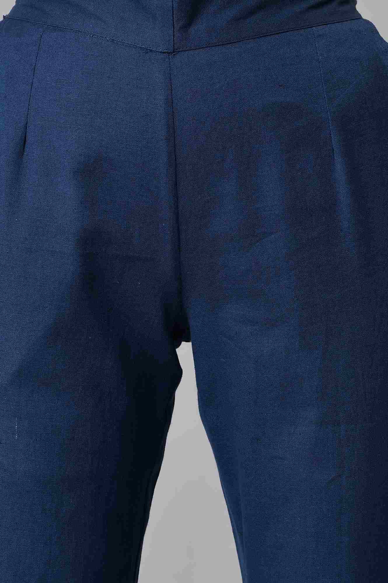 Dark Blue Cotton Flax Women Trousers