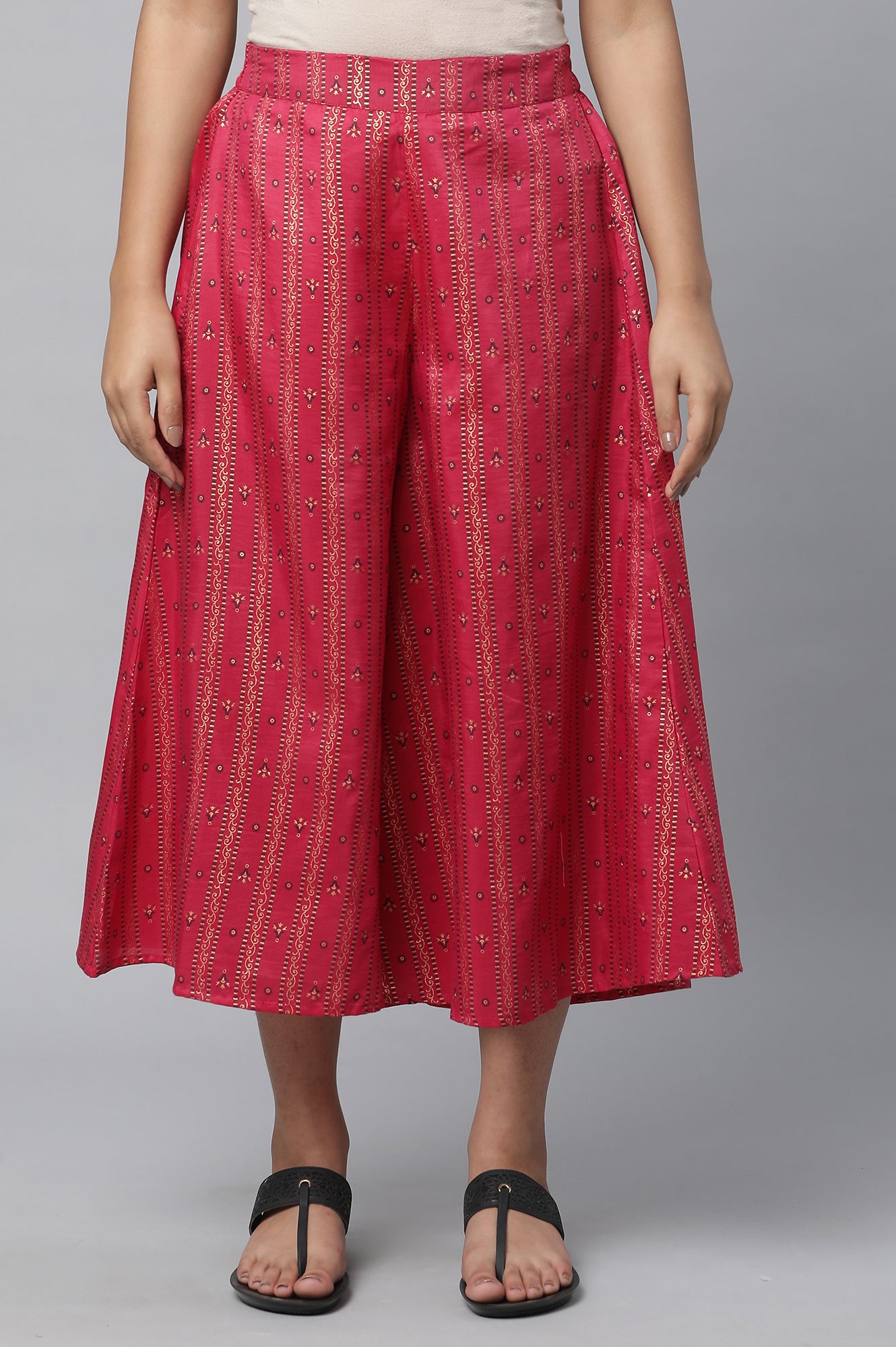 Pink Flared Stripe Print Culottes