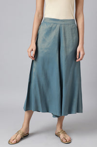 Blue Printed Embroidered Yoke Straight Kurta and Culotte Set