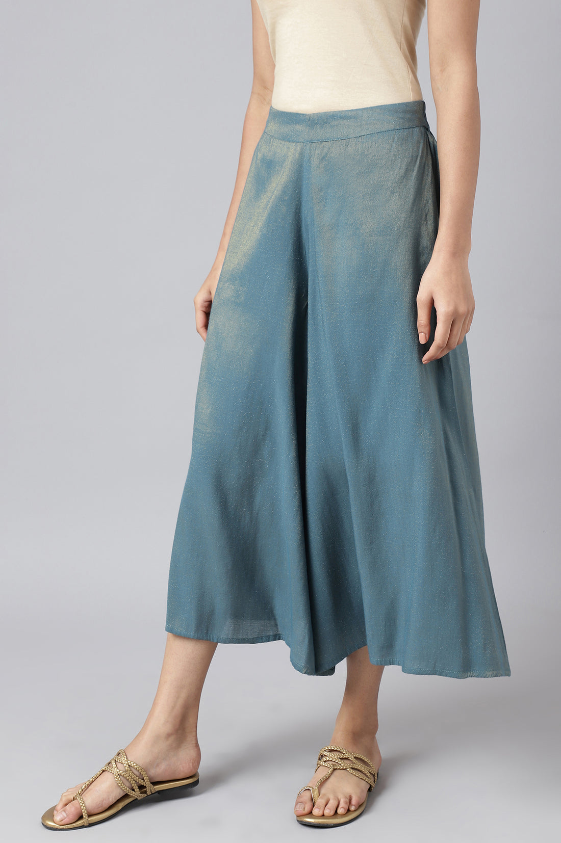 Blue Printed Embroidered Yoke Straight Kurta and Culotte Set