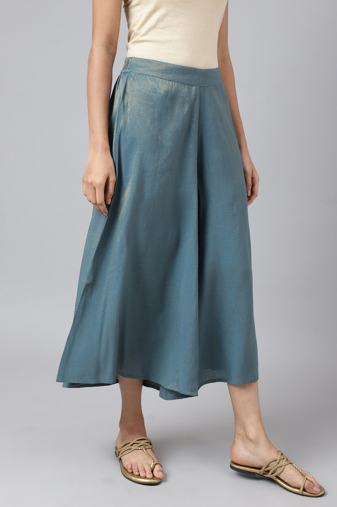 Blue Printed Embroidered Yoke Straight Kurta and Culotte Set