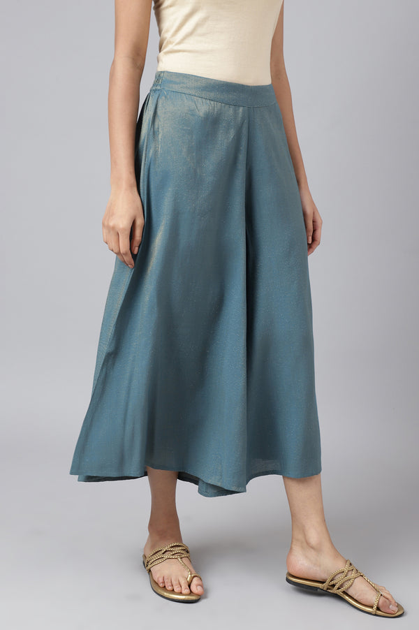 Blue Printed Embroidered Yoke Straight Kurta and Culotte Set