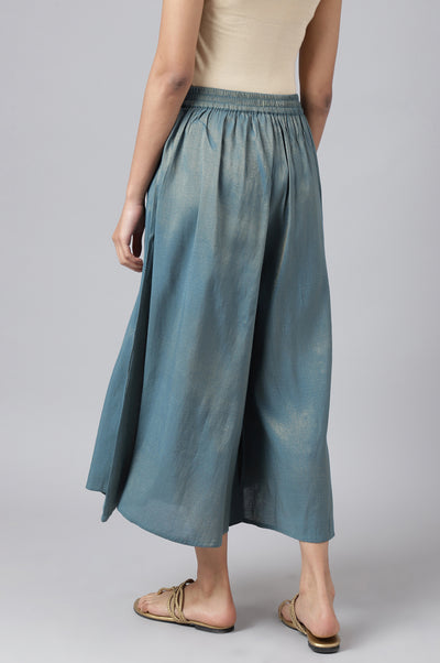 Blue Printed Embroidered Yoke Straight Kurta and Culotte Set