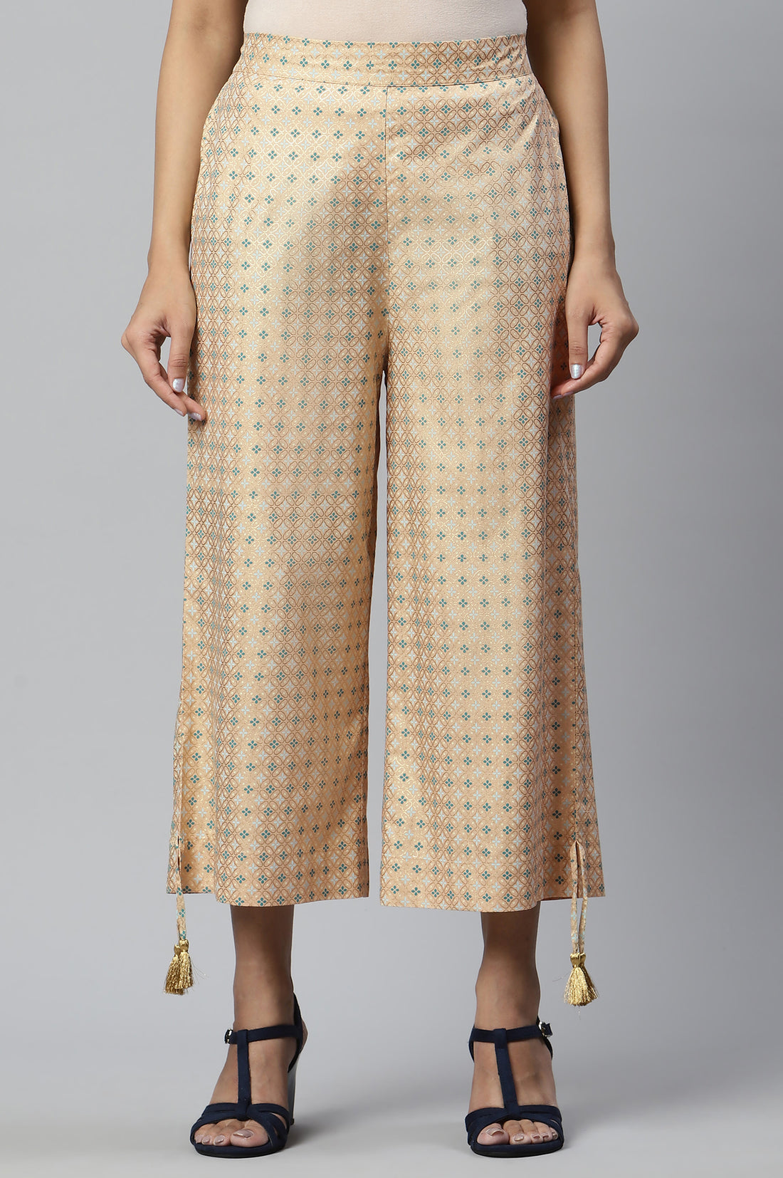 Peach Foil Printed Sequins Straight Kurta and Culotte Set