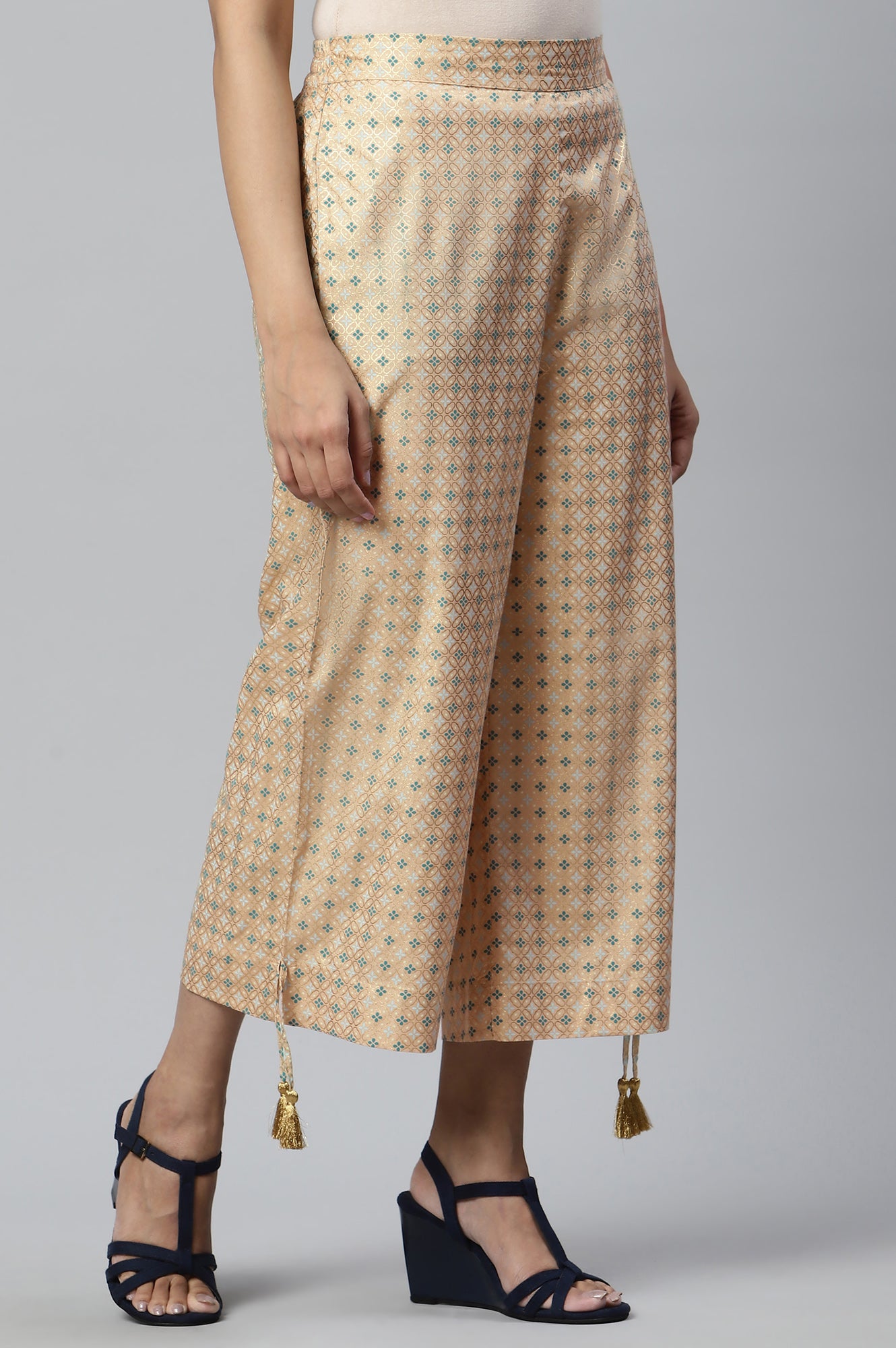 Peach Foil Printed Sequins Straight Kurta and Culotte Set