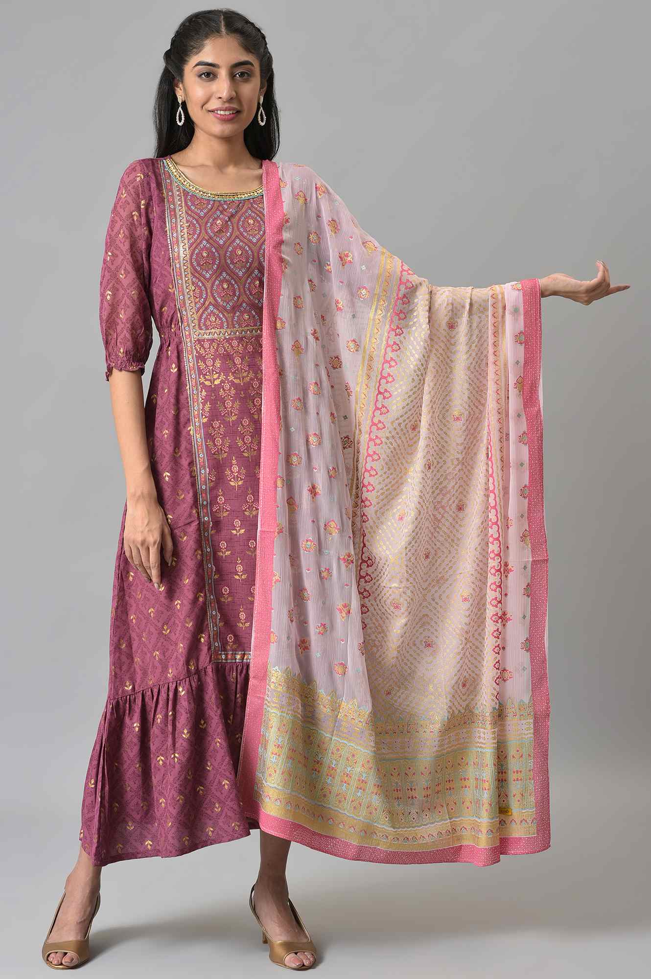 Pink Placement Print Silver Chiffon Dupatta