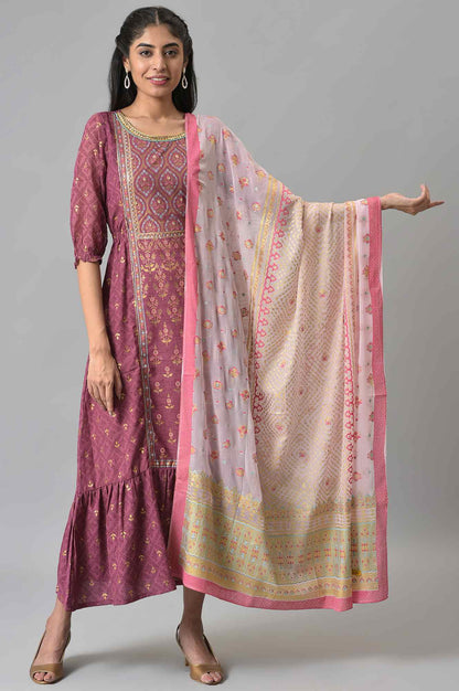 Pink Placement Print Silver Chiffon Dupatta