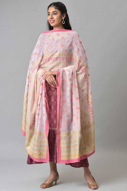 Pink Placement Print Silver Chiffon Dupatta