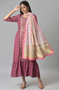 Pink Placement Print Silver Chiffon Dupatta