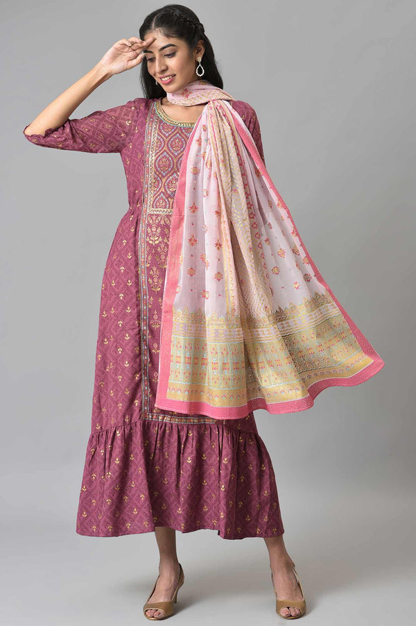 Pink Placement Print Silver Chiffon Dupatta