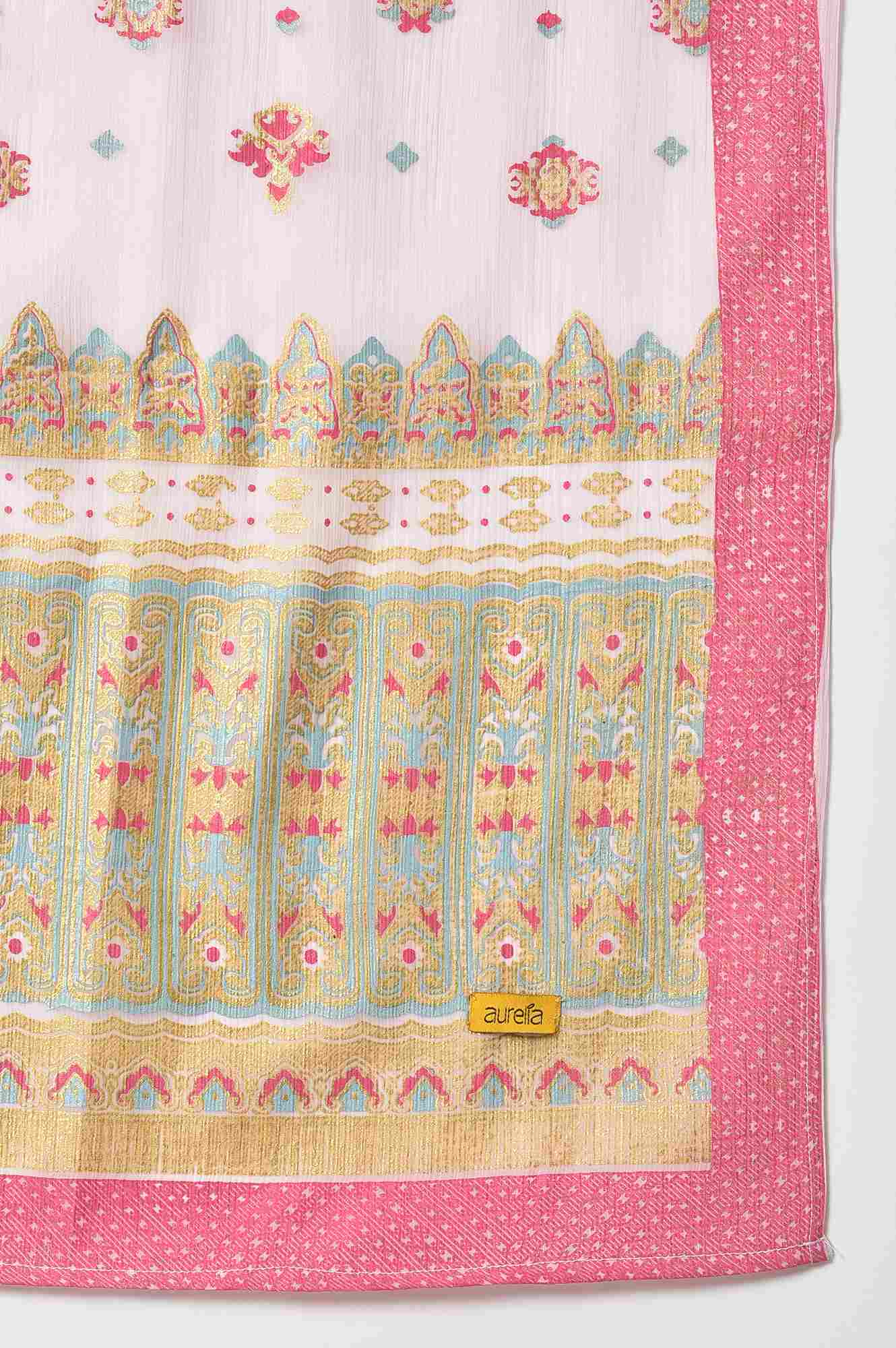 Pink Placement Print Silver Chiffon Dupatta