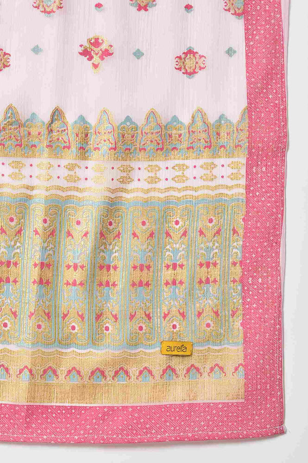Pink Placement Print Silver Chiffon Dupatta