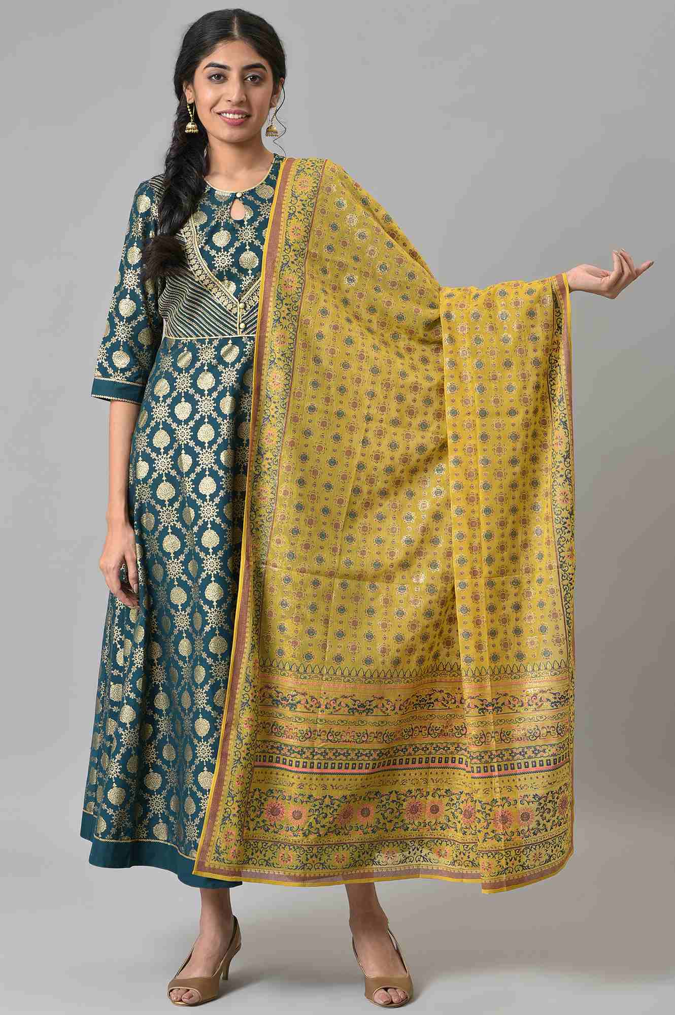 Yellow Placement Print Silver Chiffon Dupatta