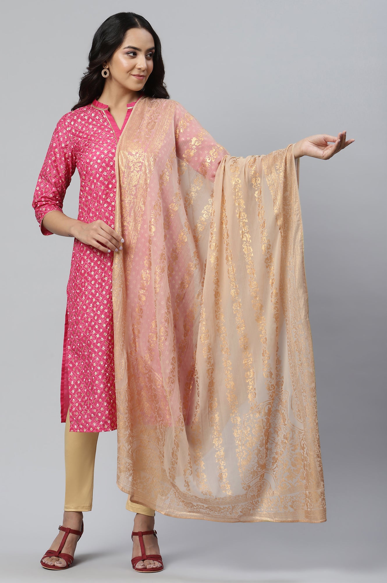 Gold Placement Print Silver Chiffon Dupatta