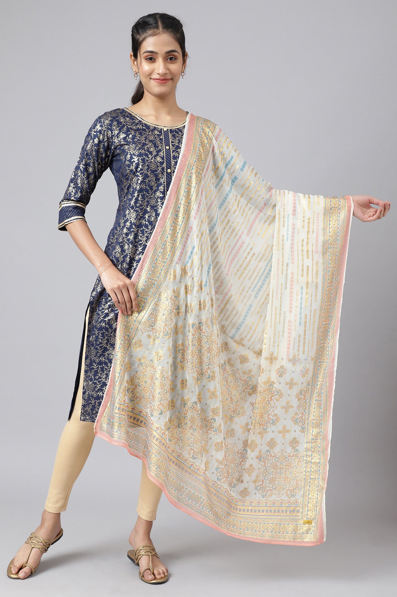 Cream Placement Print Silver Chiffon Dupatta