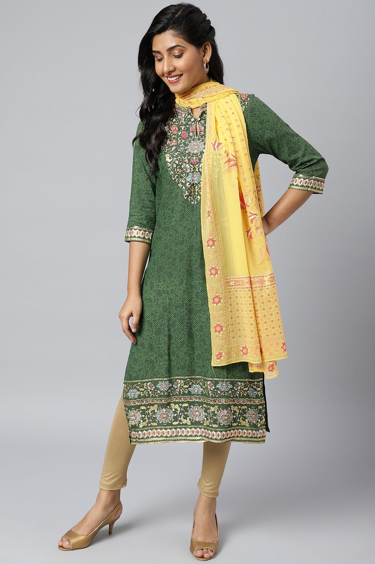 Yellow Placement Print Silver Chiffon Dupatta - FS