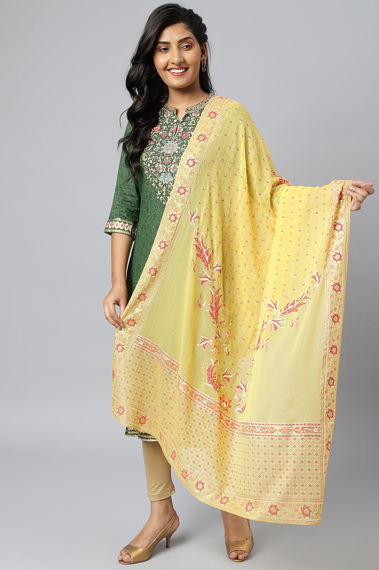 Yellow Placement Print Silver Chiffon Dupatta