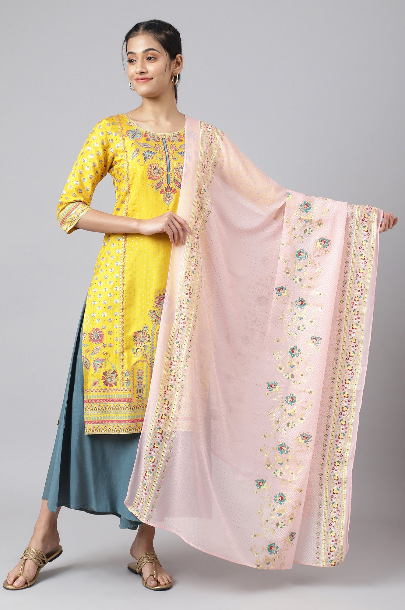 Pink Placement Print Silver Chiffon Dupatta