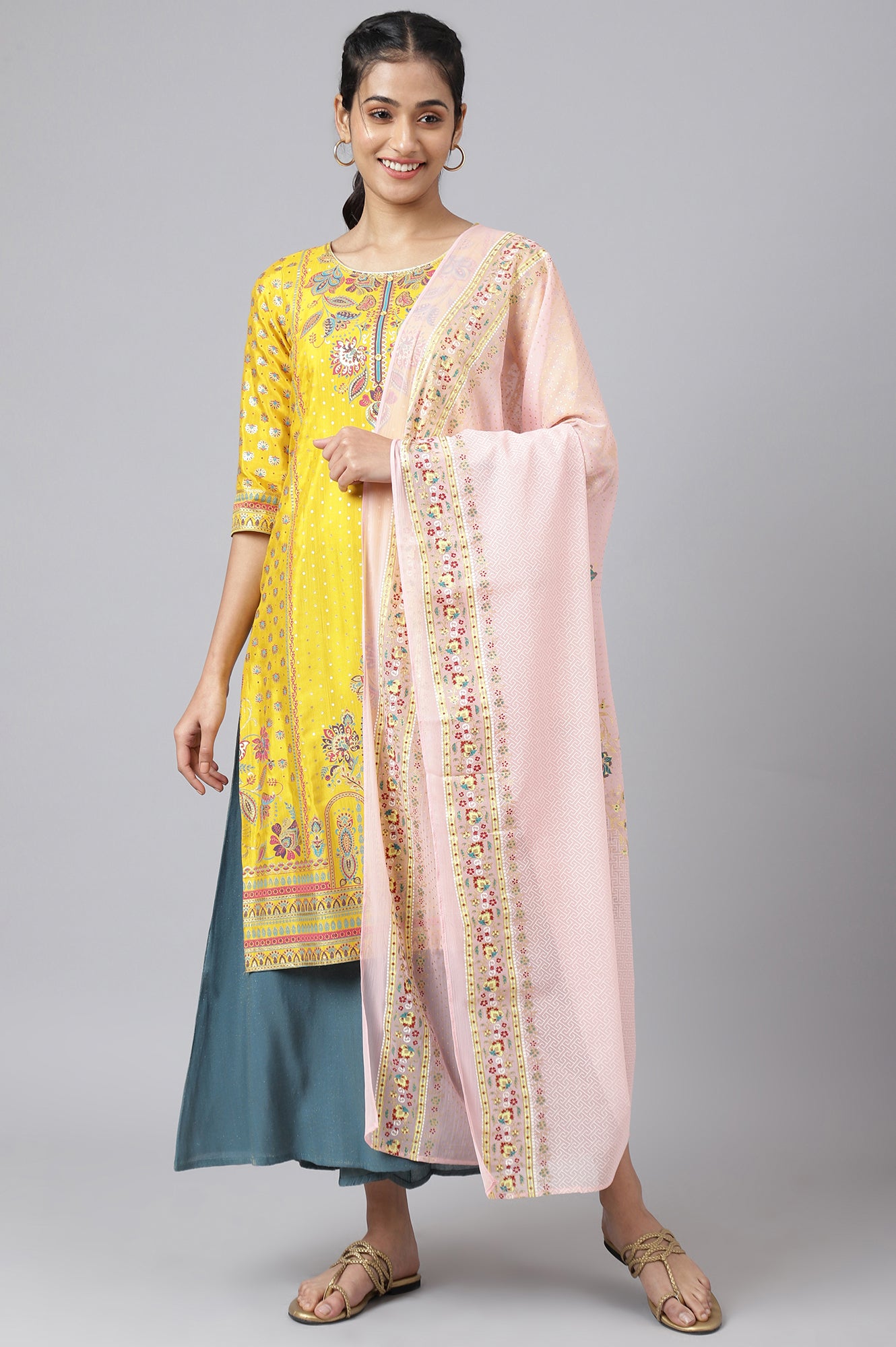 Pink Placement Print Silver Chiffon Dupatta