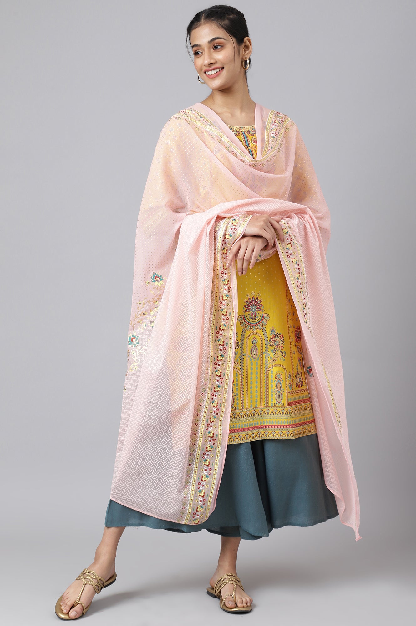 Pink Placement Print Silver Chiffon Dupatta